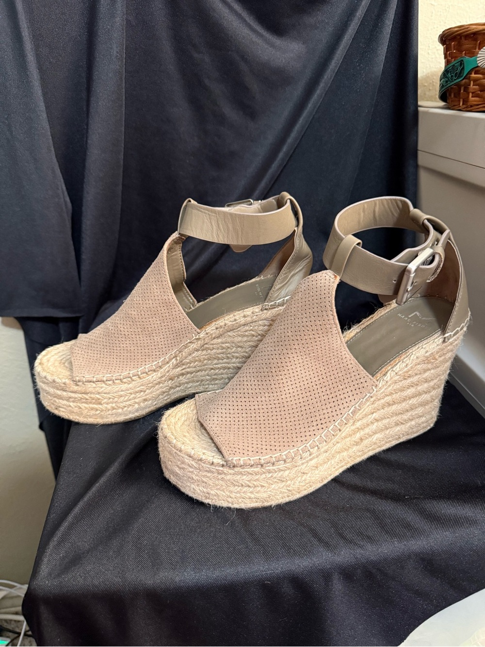 Marc Fisher Annie Light Brown Espadrille Wedge Sandals with Ankle Buckle